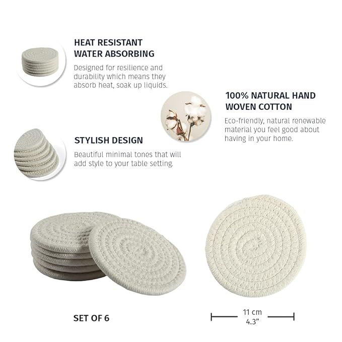 ORGANIHAUS Set of 6 Gray Woven Coasters for Wooden Table | 4.3" Cup Coasters for Drinks | Absorbent Coasters | Cute Fabric Coasters | Farmhouse Coasters for Coffee Table | Moisture Absorbing Coasters — photo 4 of 5