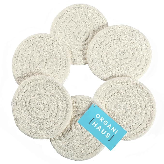 ORGANIHAUS Set of 6 Gray Woven Coasters for Wooden Table | 4.3" Cup Coasters for Drinks | Absorbent Coasters | Cute Fabric Coasters | Farmhouse Coasters for Coffee Table | Moisture Absorbing Coasters