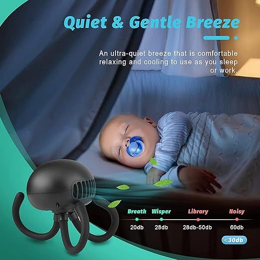 ANDRITI Portable Bladeless Mini Handheld Fan with Flexible Tripod - Clip on Stroller Fan, 3 Speeds, Rechargeable Battery Operated for Stroller, Car Seat, Crib, Bike and Desktop (Black_2) — photo 5 of 5