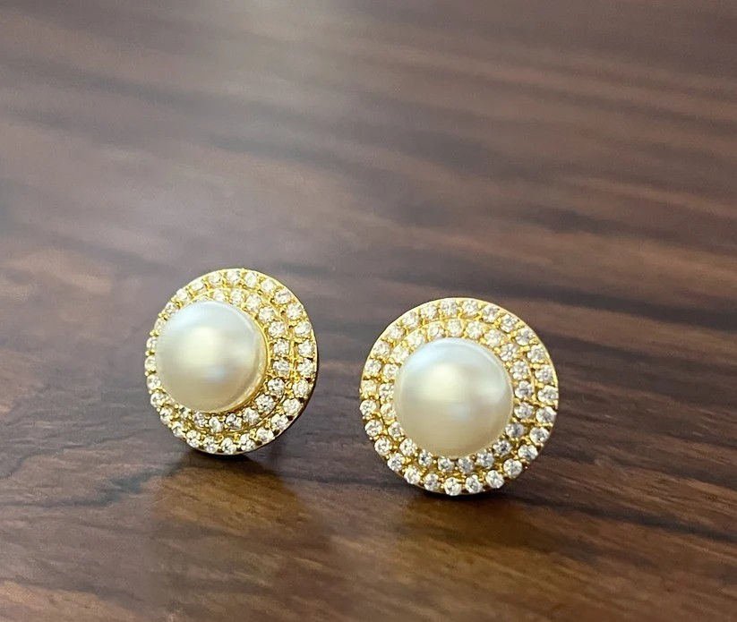 White Pearl Stud Earrings with Gold Toned Border