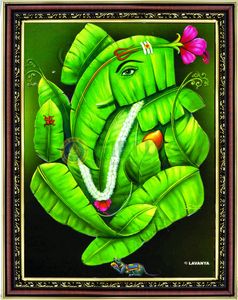 Leaf Ganesha with wooden frame - 14 x 11 inches