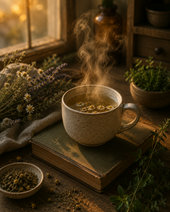 cup · steam · evening light