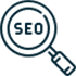 Icone de uma lupa com SEO escrito na cor azul escuro