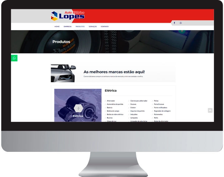 Imagem da página de produtos do site auto elétrico lopes