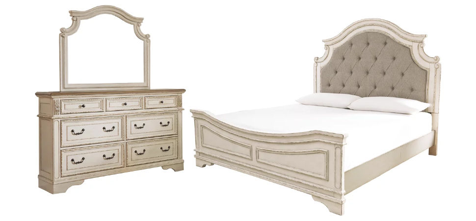 Realyn Queen Upholstered Panel Bed with Mirrored Dresser