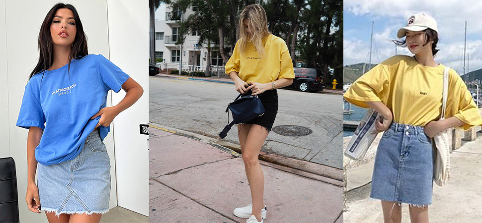 Oversized T-shirt with Denim Skirts