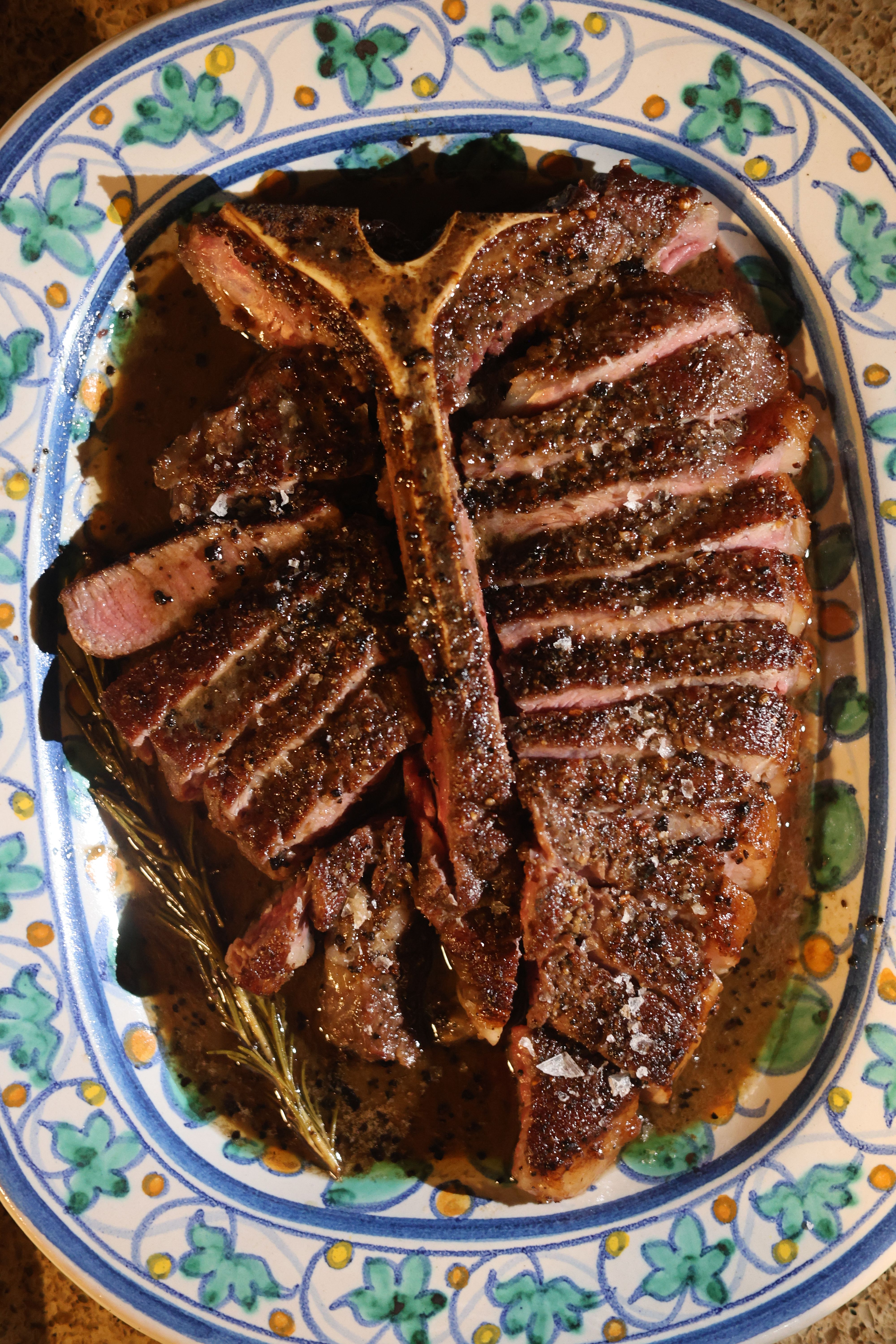 Reverse-seared steak platter for a private chef family-style dinner