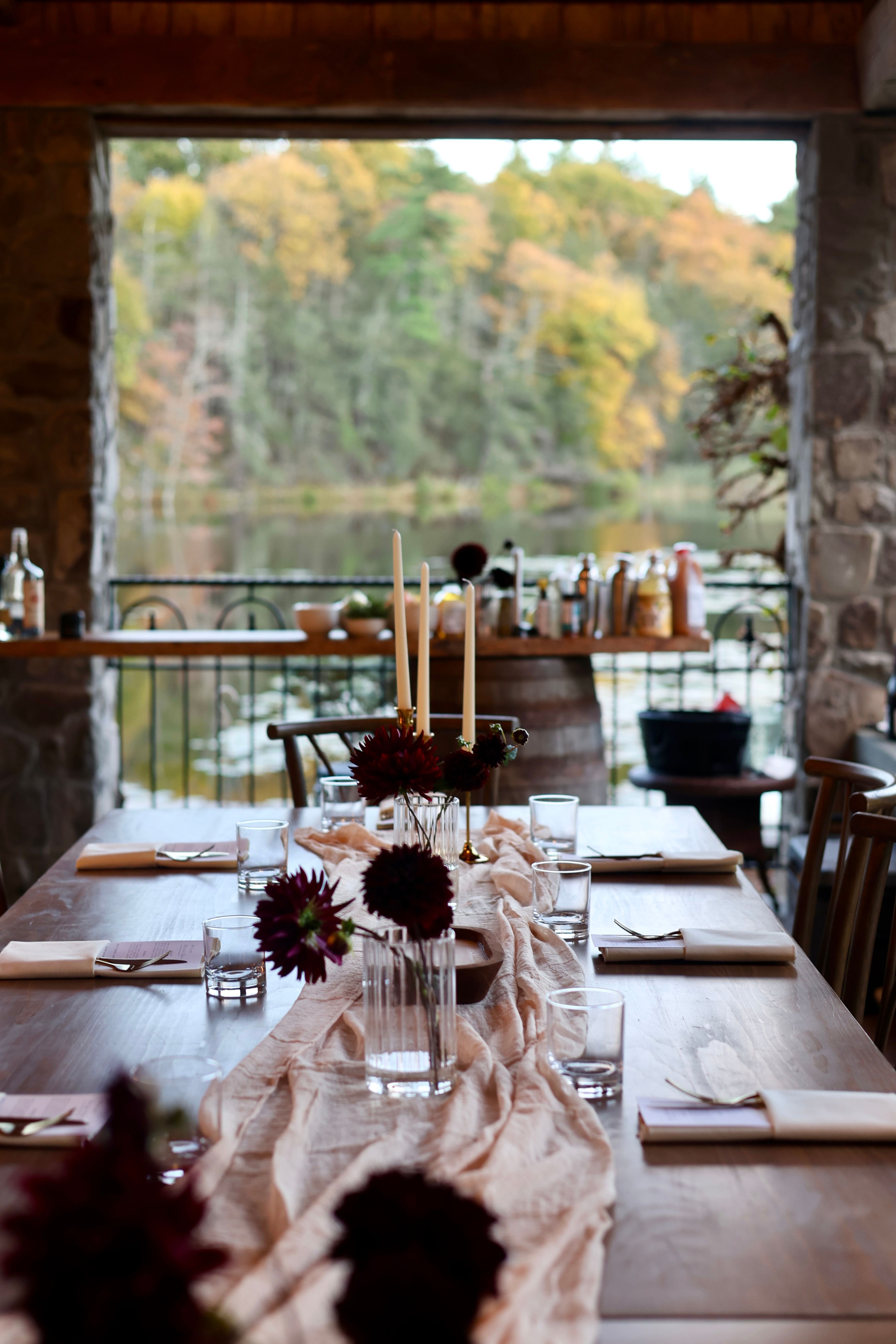 Outdoor waterfront tablescape for a private chef family-style dinner