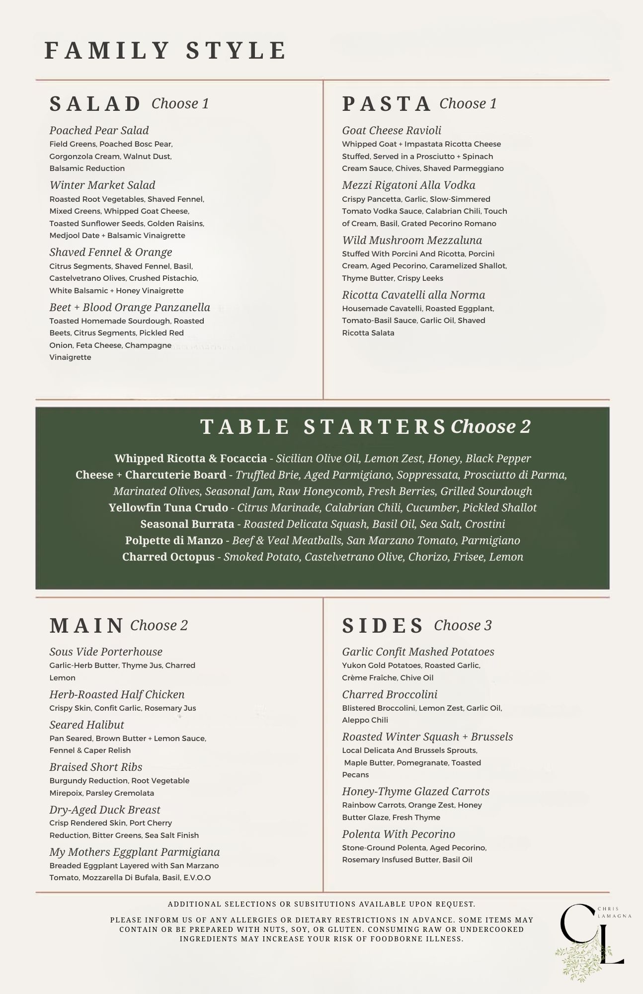 Official family-style dinner menu package for Chef Chris