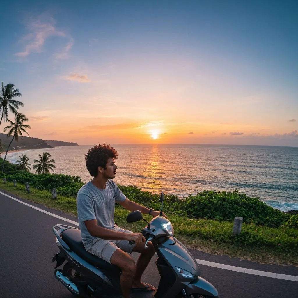 Person riding a scooter along a scenic coastal road