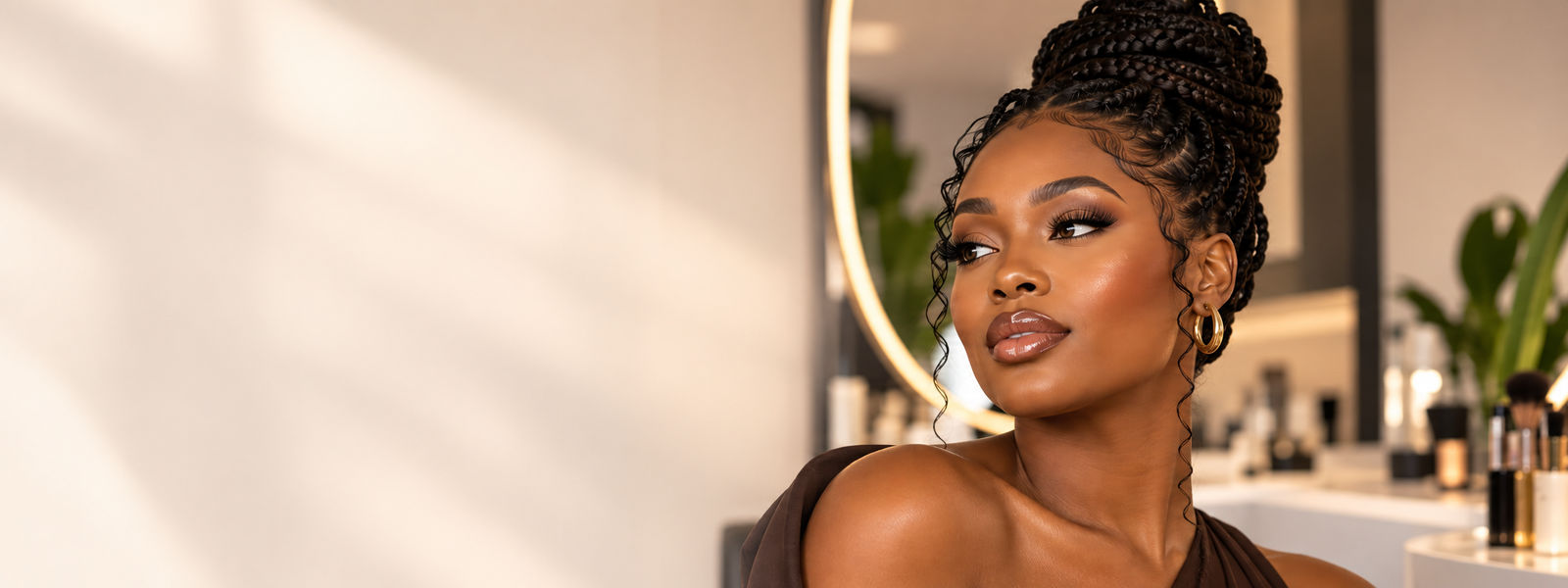 A client with fresh braids and evening makeup at home