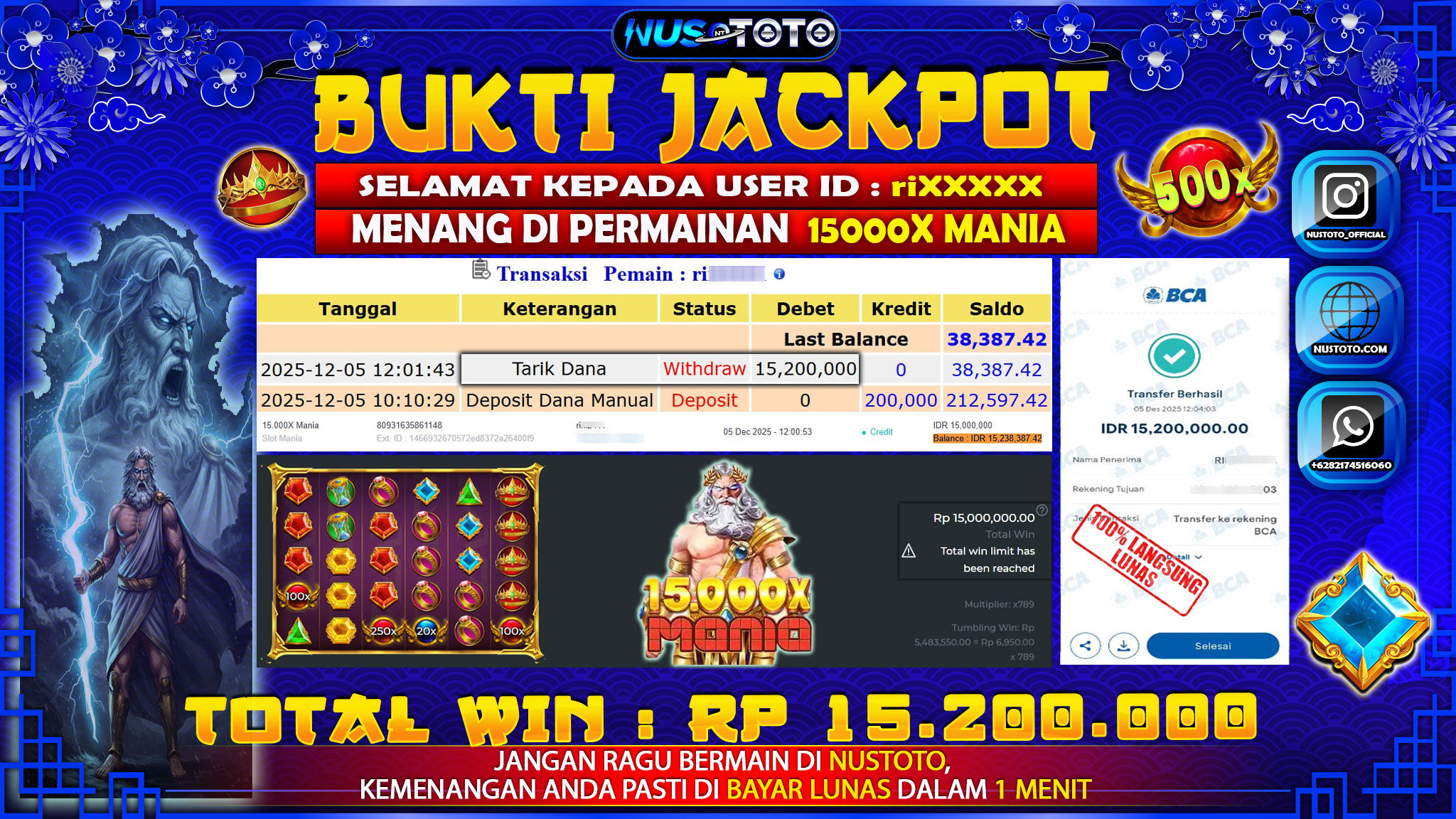 JACKPOT !! MENANG BESAR DI SLOT15000X MANIA Rp. 15.200.000 LANGSUNG DI BAYAR LUNAS NUSTOTO !!