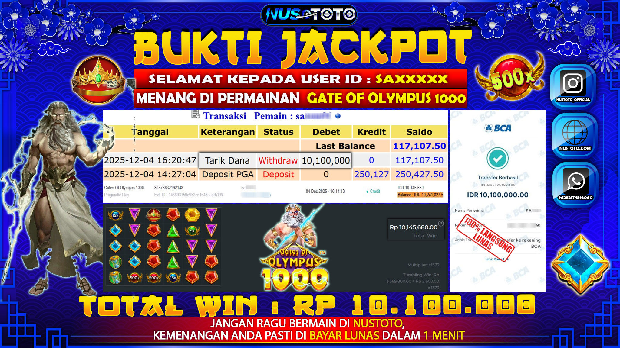 JACKPOT !! MENANG BESAR DI SLOT GATES OF OLYMPUS 1000 Rp. 10.100.000 LANGSUNG DI BAYAR LUNAS NUSTOTO !!