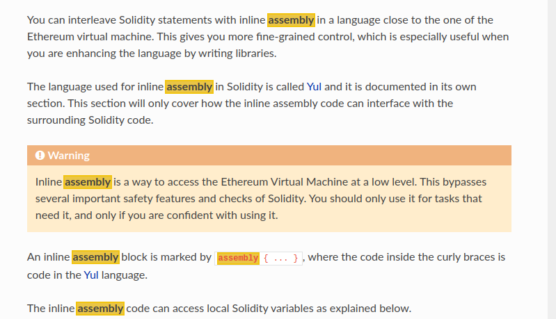 Solidity Documentation Screenshot - assembly keyword