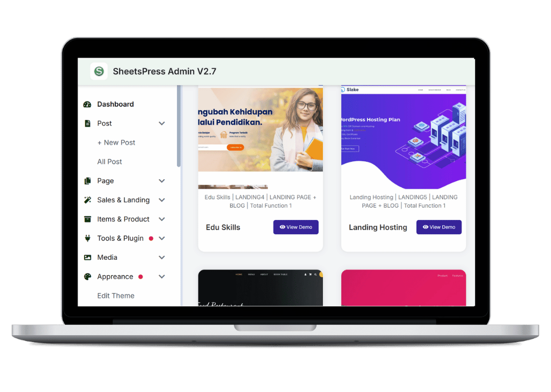 Dashboard showing website builder interface with drag and drop functionality and professional templates