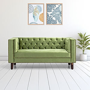 Manchester 2 Seater Wooden Sofa (Velvet, Green)