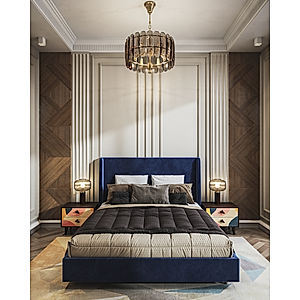 California King Size Bed (Velvet, Blue)