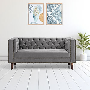 Manchester 2 Seater Wooden Sofa (Velvet, Grey)