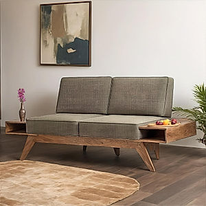 Berlin 2 Seater Wooden Sofa (Linen, Brown)