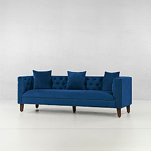 Manchester 3 Seater Wooden Sofa (Velvet, Blue)