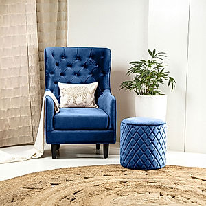 August Wooden Accent Chair (Velvet, Blue)