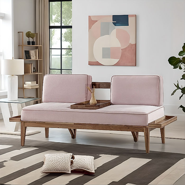 Minika 2 Seater Wooden Sofa (Velvet, Pink)