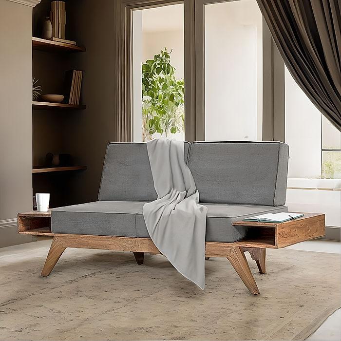 Berlin 2 Seater Wooden Sofa (Velvet, Grey)