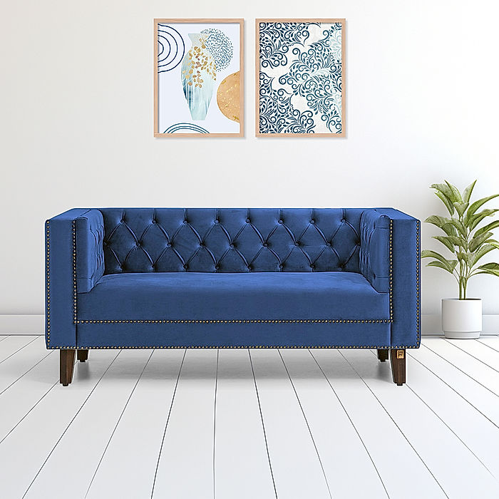 Manchester 2 Seater Wooden Sofa (Velvet, Blue)