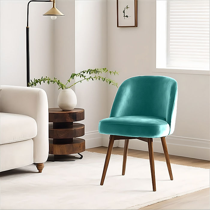 Lugo Wooden Accent Chair ( Sea Green Velvet Fabric, Natural Finish )