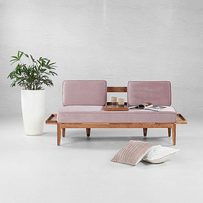 Minika 2 Seater Wooden Sofa (Velvet, Pink)