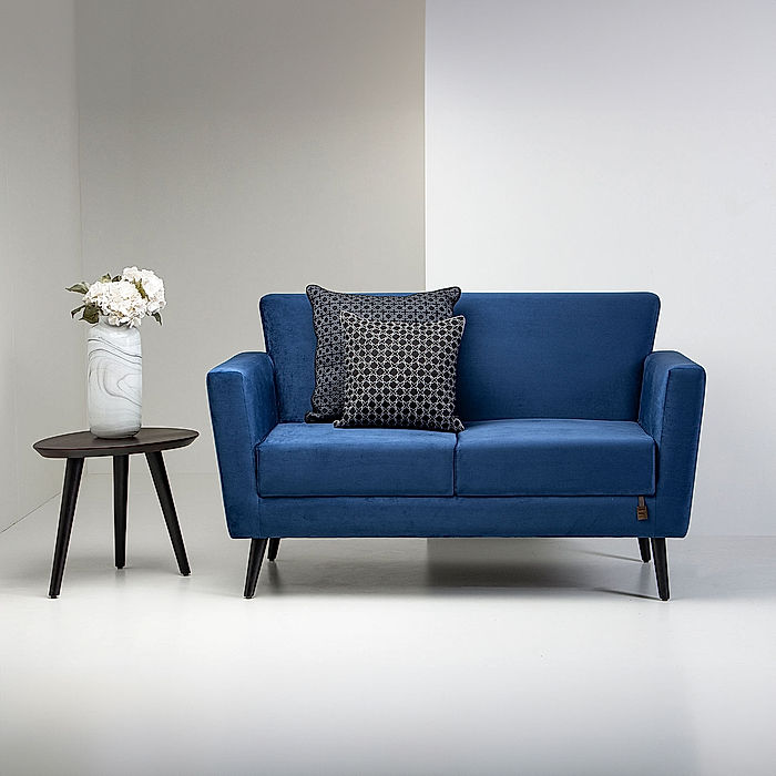 Cairo Wooden 2 Seater Sofa in Velvet Fabric in Blue Color