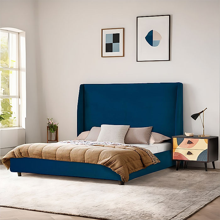 California King Size Fabric Bed (Velvet, Blue)