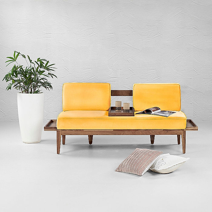 Minika 2 Seater Wooden Sofa (Velvet, Yellow)