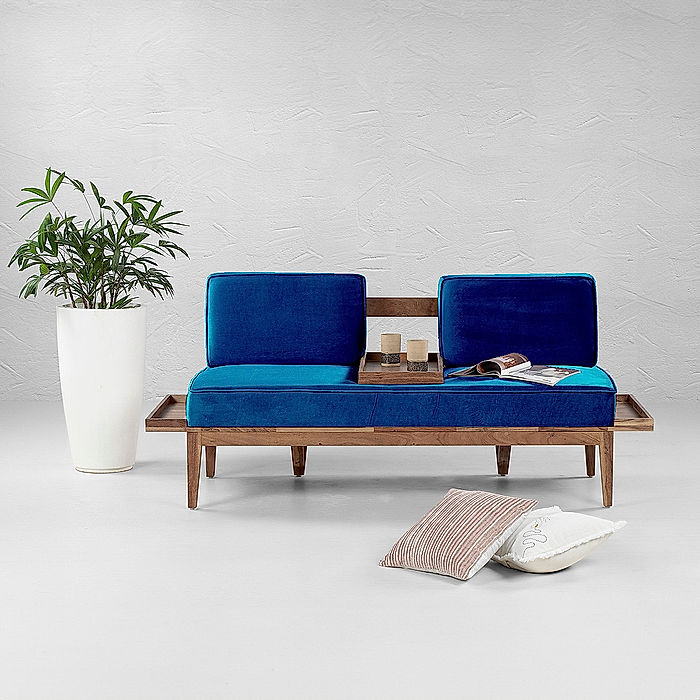 Minika 2 Seater Wooden Sofa (Velvet, Blue)
