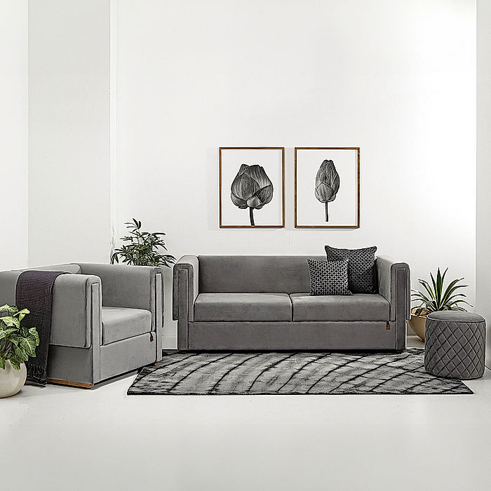 California 1 Seater Fabric Sofa (Velvet, Grey)