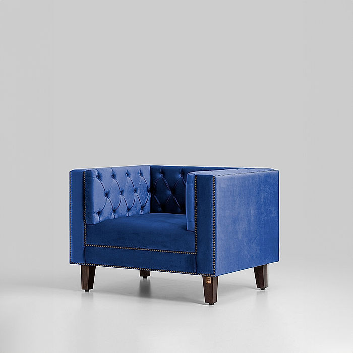 Manchester 1 Seater Wooden Sofa (Velvet, Blue)