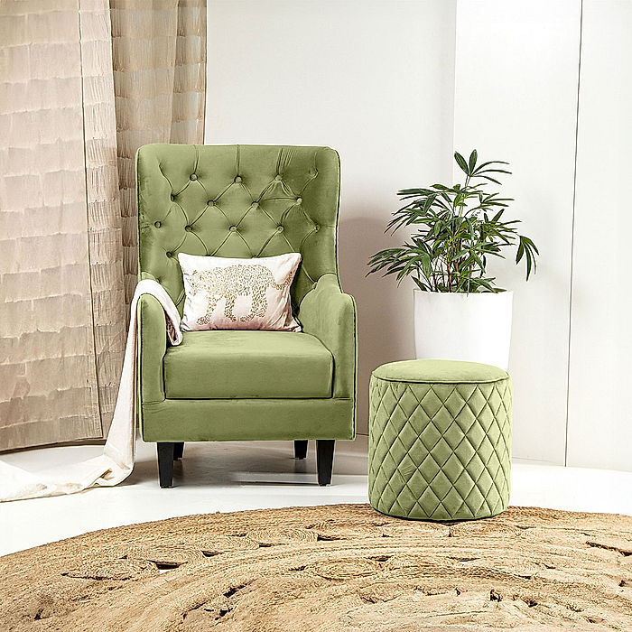 August Wooden Accent Chair (Velvet, Green)