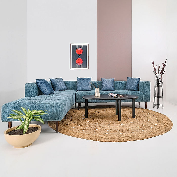 Audrey Wooden L Shape Sofa in Blue Color