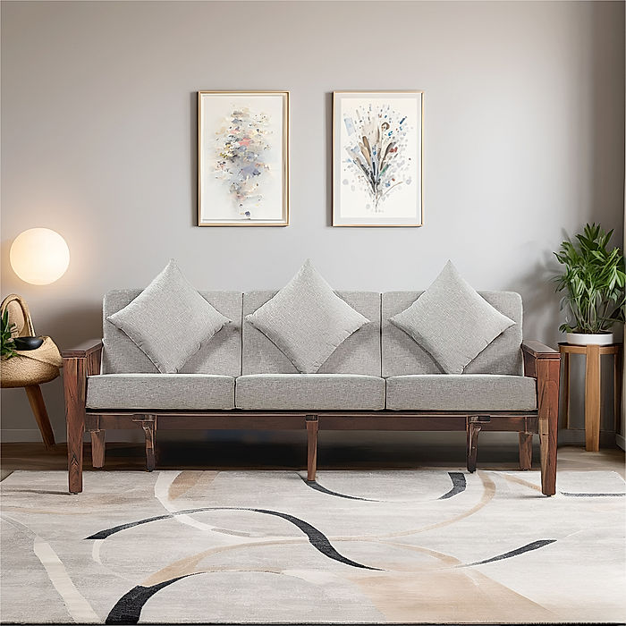 Adelia 3 Seater Wooden Sofa (Linen, Grey)