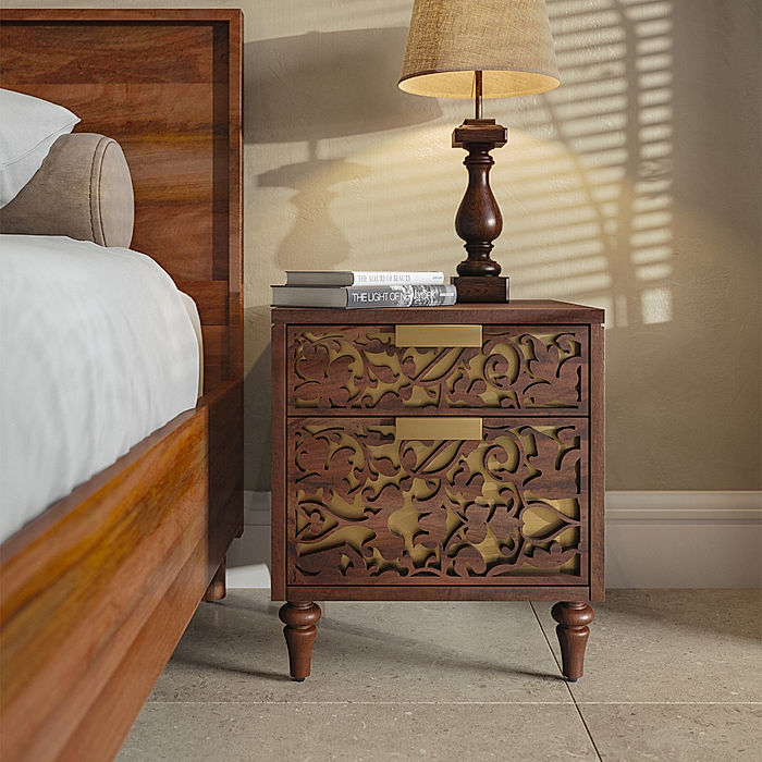 Sahar Wooden Bedside Table in Light Walnut Finish