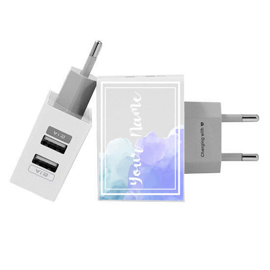 Customized Dual Usb Wall Charger for iPhone and Android - Aquarela Blue (EU plug compatible)