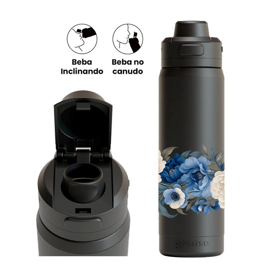 Garrafa Térmica Flip Pro + Ebook - Blue Peonies