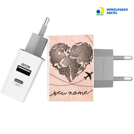 Carregador Turbo Power 18W Gocase - Iphone / Android - Coração Mapa Mundi Vintage