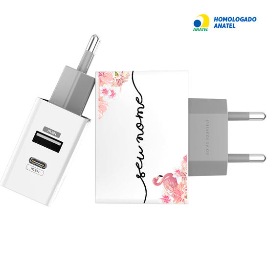 Carregador Turbo Power 18W Gocase - Iphone / Android - Flamingo e Flores Manuscrita