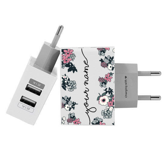 Customized Dual Usb Wall Charger for iPhone and Android - Lovely Floral Handwritten (EU plug compatible)