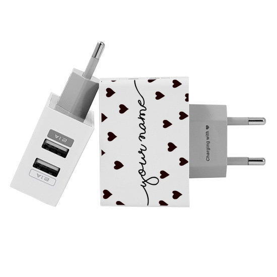 Customized Dual Usb Wall Charger for iPhone and Android - Black Hearts Handwritten (EU plug compatible)