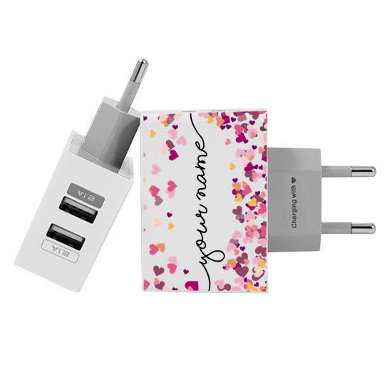 Customized Dual Usb Wall Charger for iPhone and Android - Hearts Handwritten (EU plug compatible)