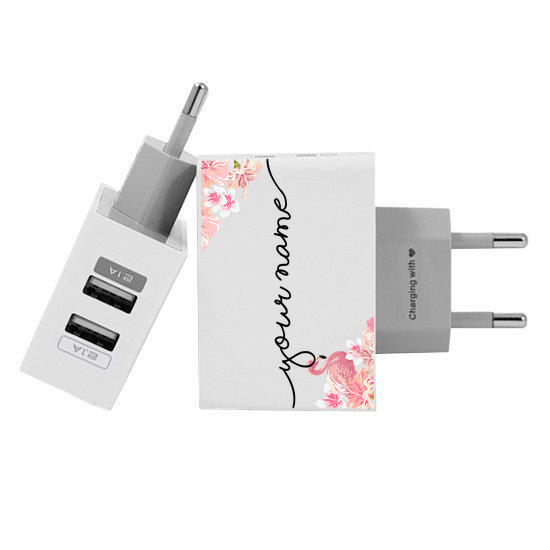 Customized Dual Usb Wall Charger for iPhone and Android - Flamingos Floral Handwritten (EU plug compatible)