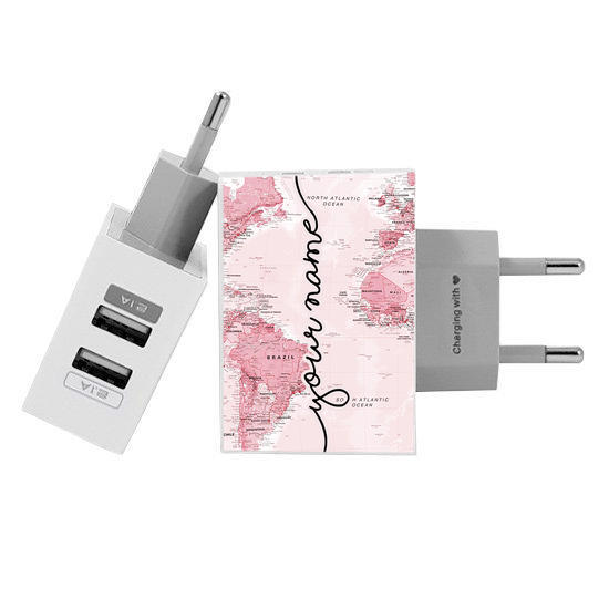 Customized Dual Usb Wall Charger for iPhone and Android - World Map Pink Handwritten (EU plug compatible)