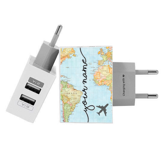 Customized Dual Usb Wall Charger for iPhone and Android - World Map (EU plug compatible)
